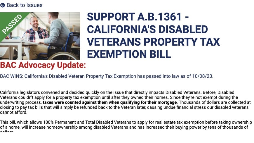 California's Disabled Veterans Property Tax Exemption Bill