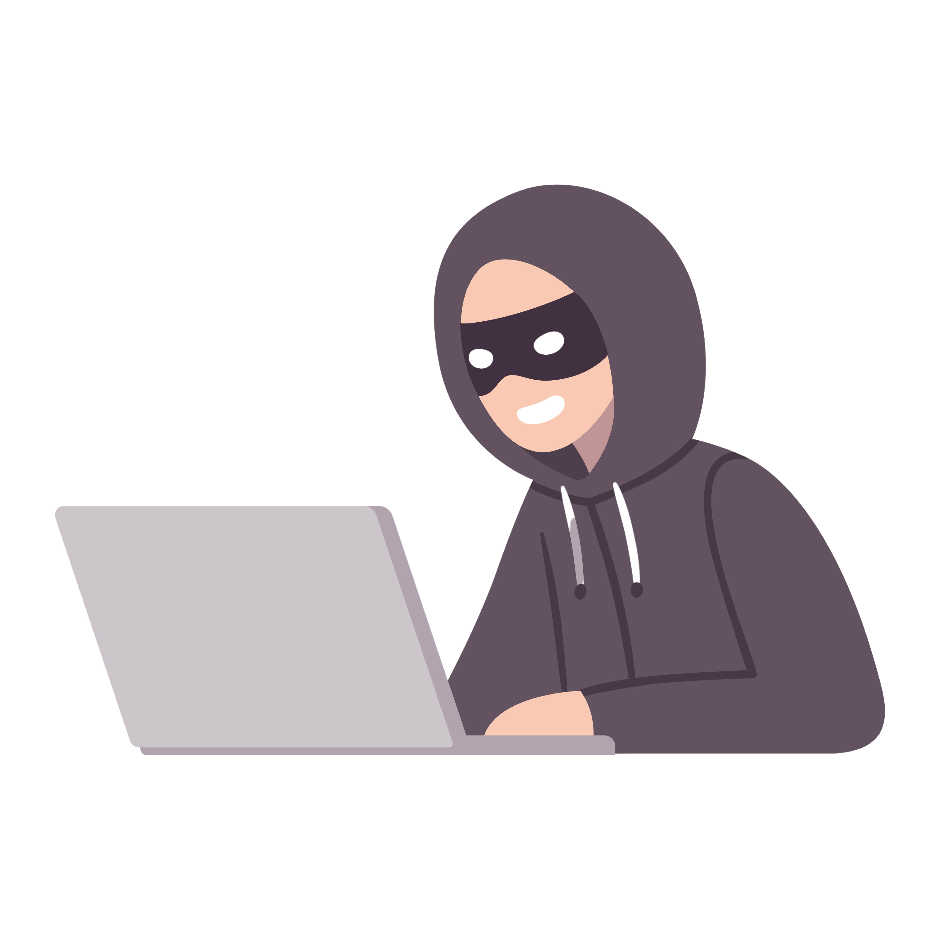 Hacker thief with laptop computer stealing passwords and confidential data. Cyber attack and security vector illustration.