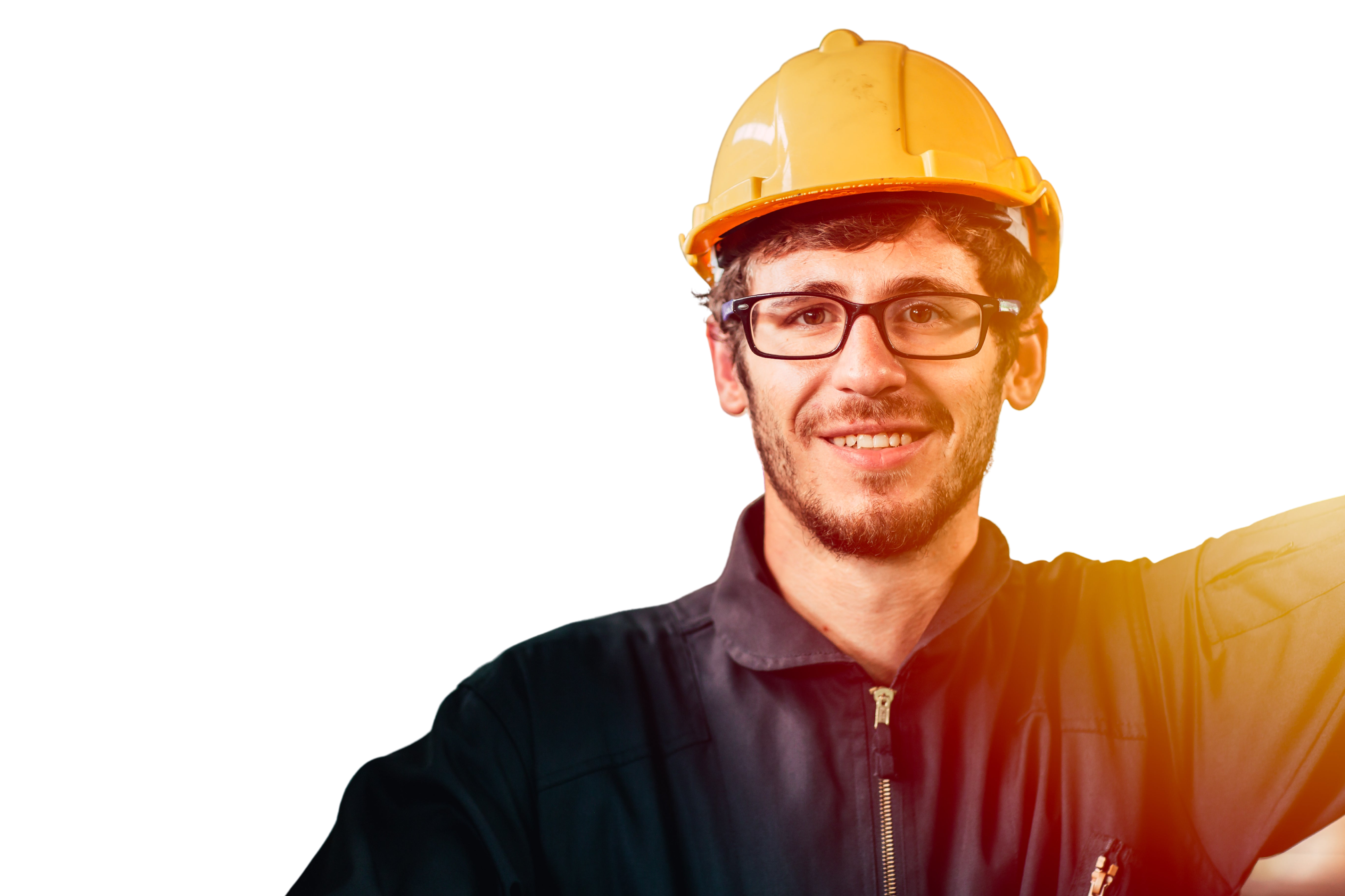 Closeup portrait happy worker nerdy glasses working in industry factory wearing safety suit cloth and yellow helmet.