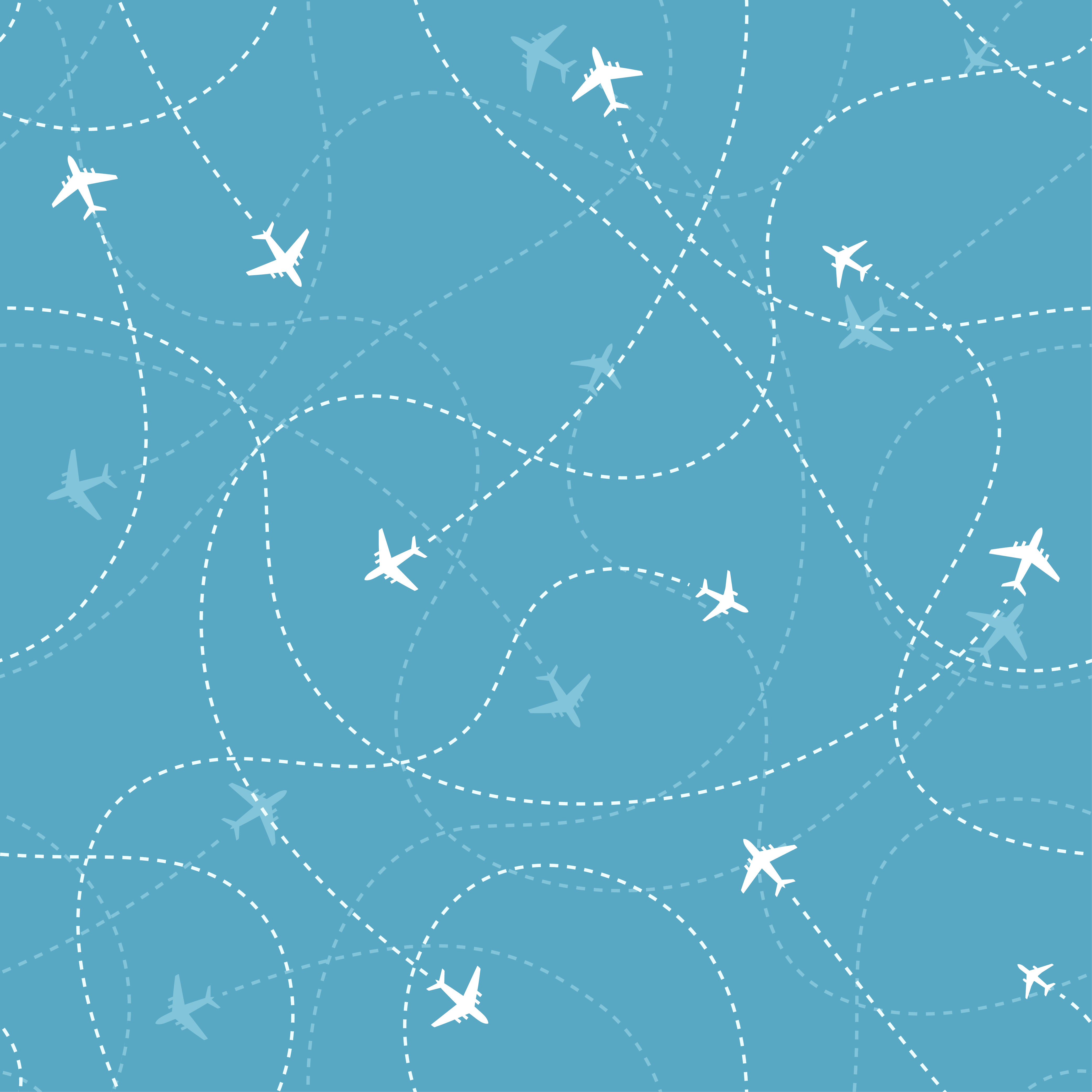 Aircraft destinations with planes icons on blue background. Abstract seamless pattern. Vector  illustration.