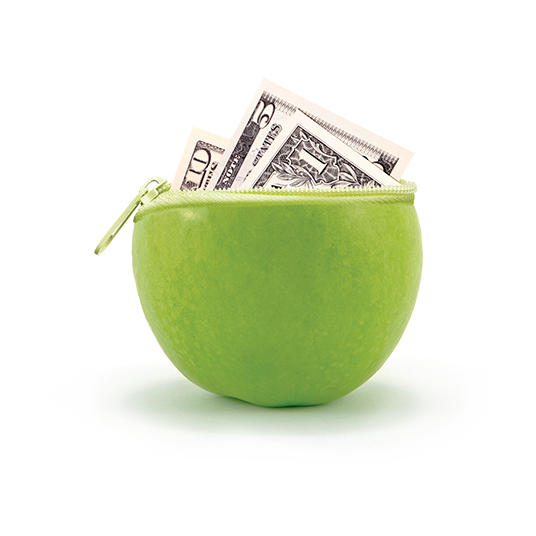Green Apple purse with $10, $5 and $1 bills poking out of a zipper.