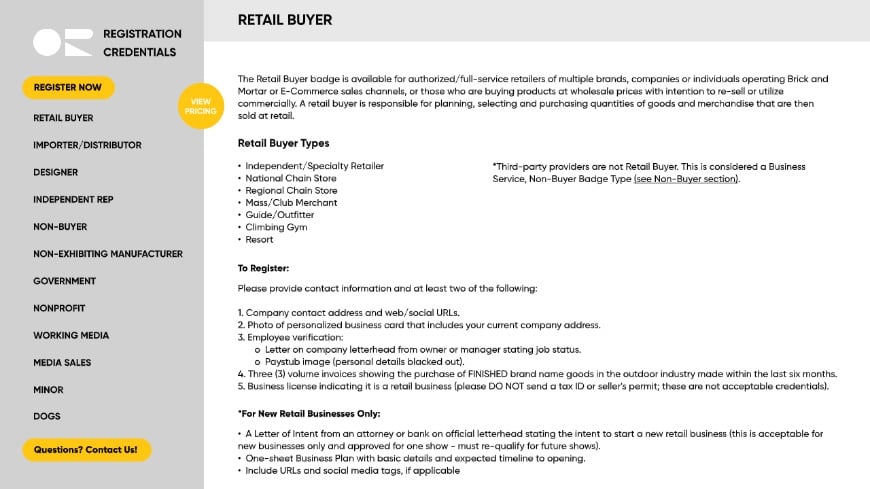 Outdoor Retailer Registration Credentials