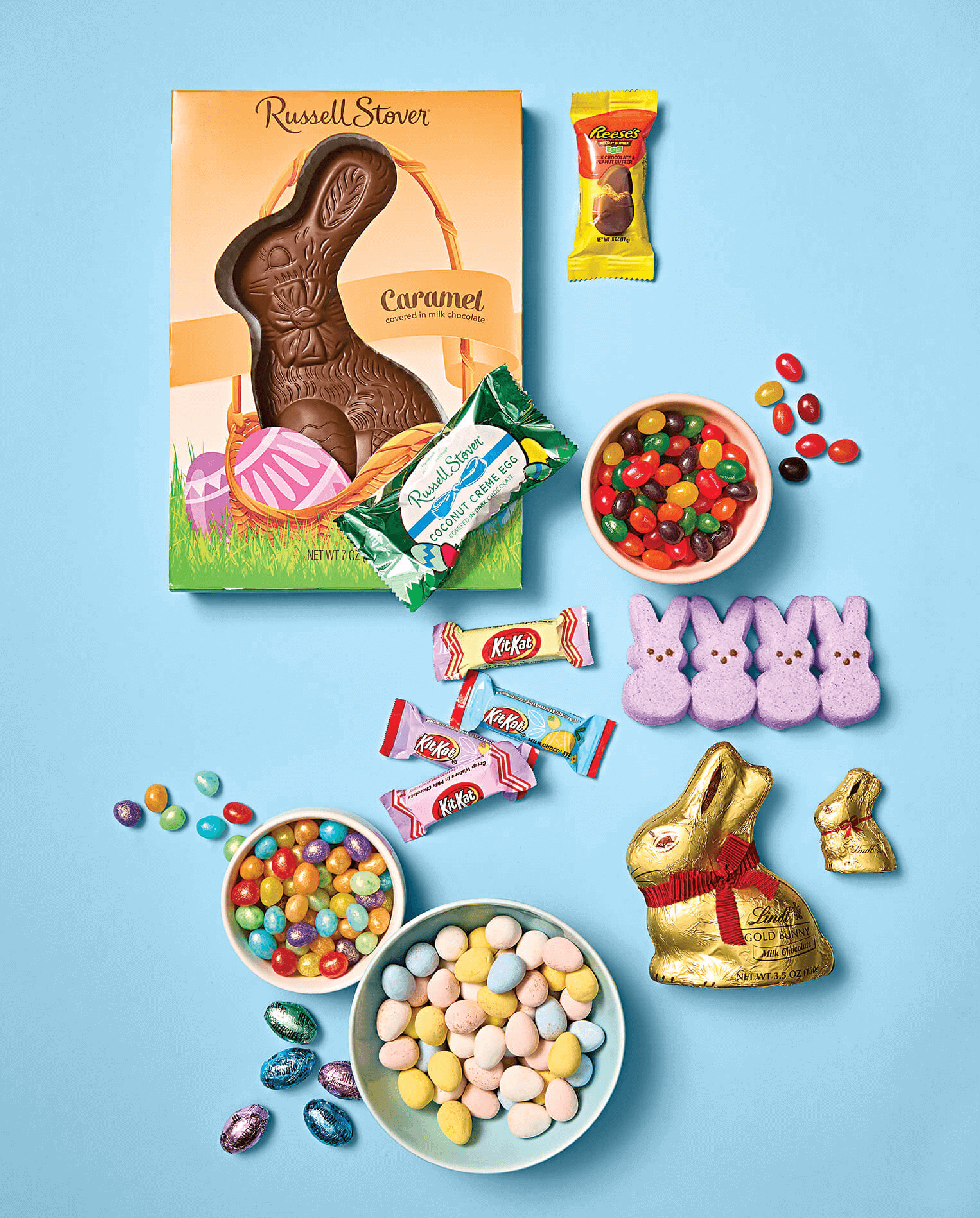Various Easter Candies on Light Blue Background