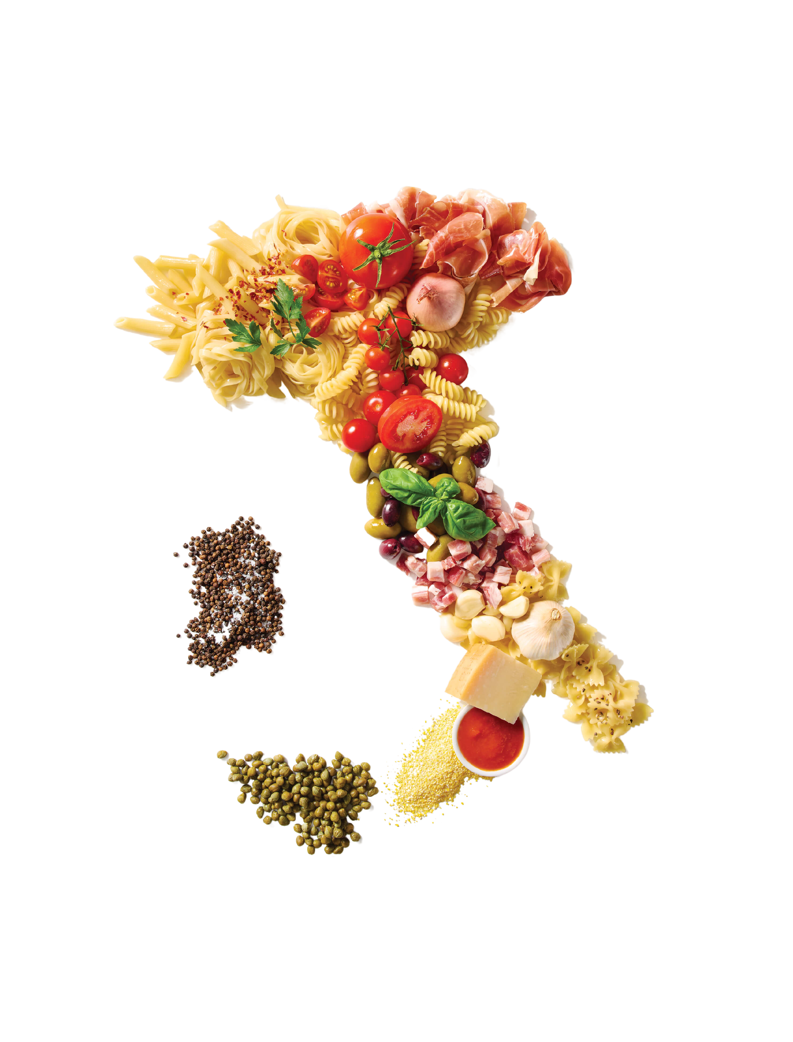 Italian food and ingredients in the shape of Italy.