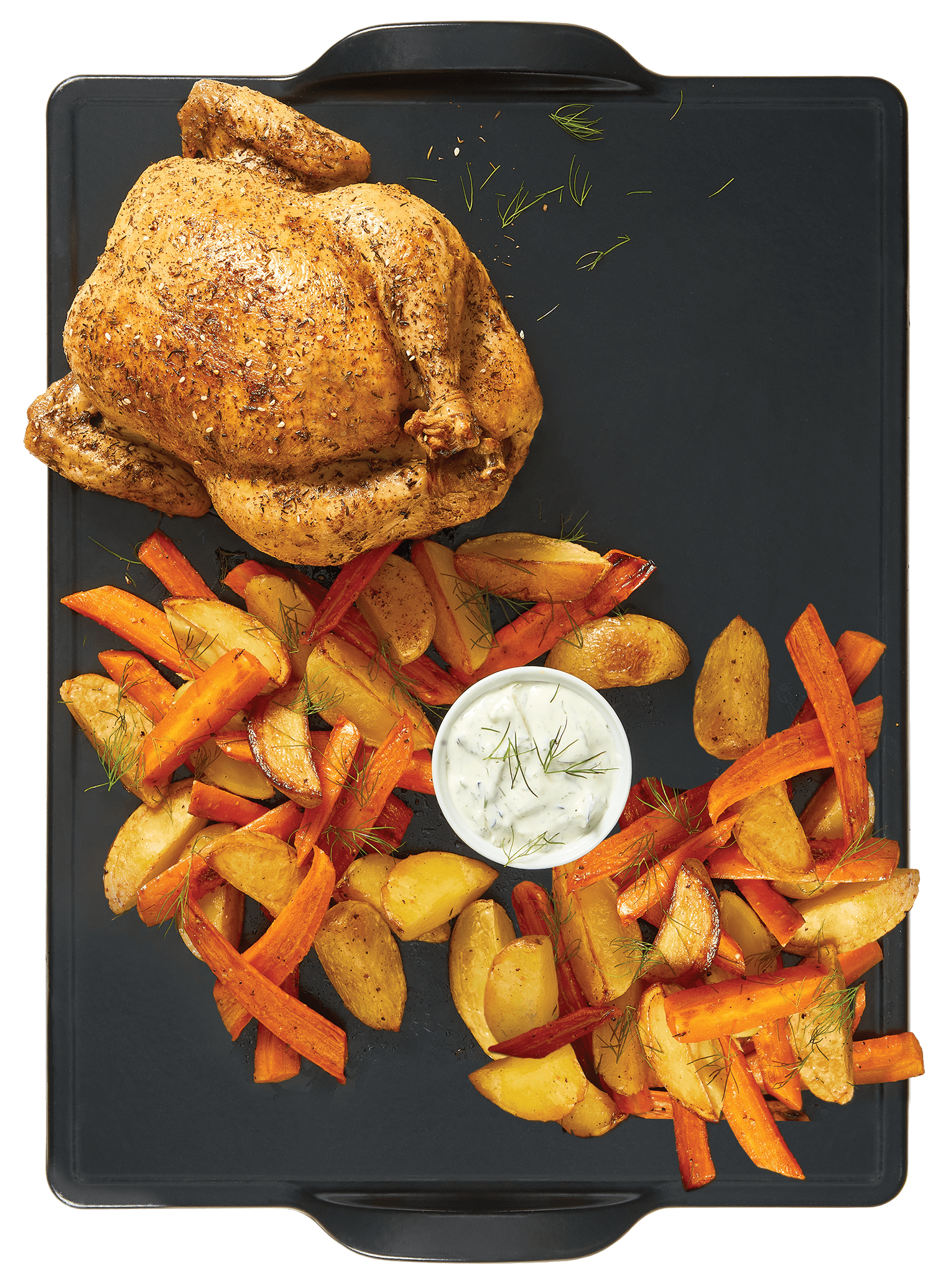 An image of a baking sheet with Za’atar Roasted Chicken Dinner.
