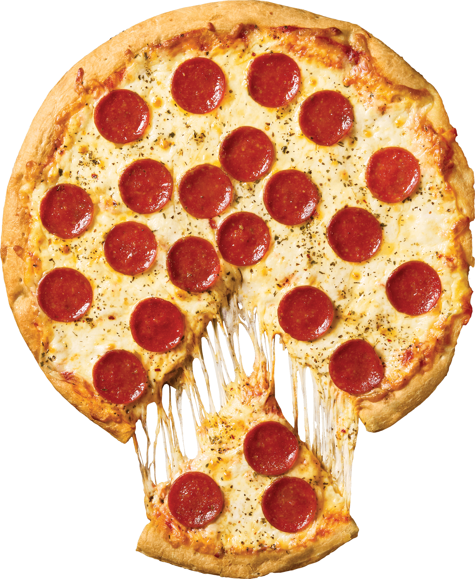 Pepperoni pizza with slice being removed.