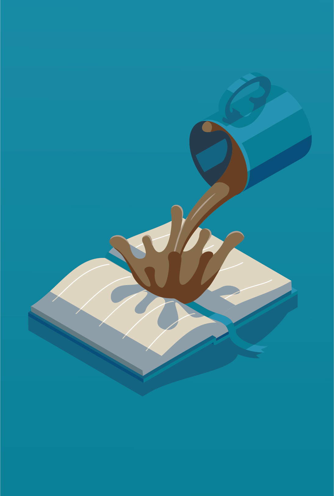 Illustration of coffee spilling on an open book