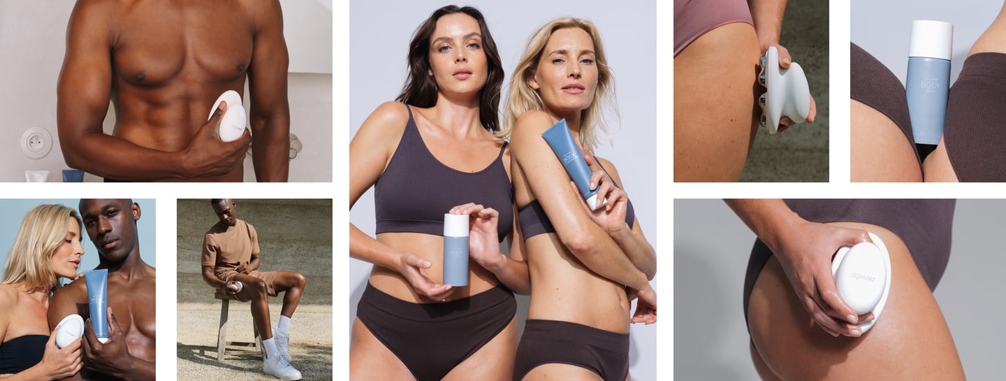 A collage of various happy people enjoying the benefits of the WellSpa iO device across all kinds of settings.