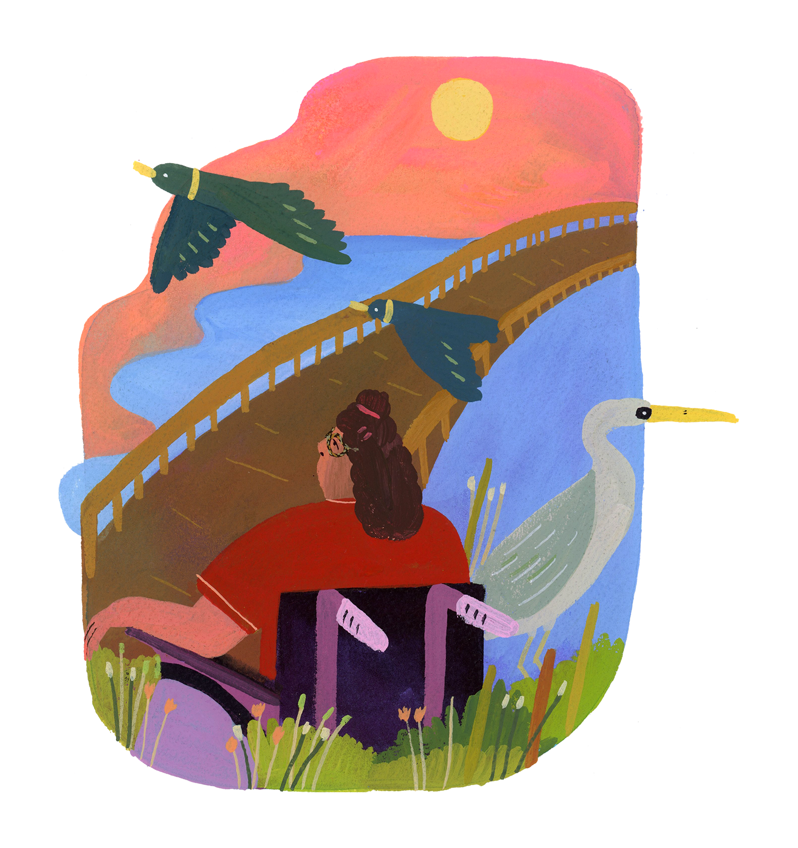 Illustration of a person in a wheelchair on a board walk, staring out at the water with birds flying around them.