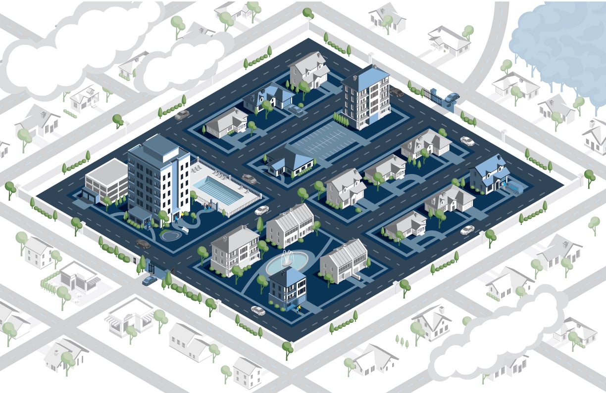 A visual neighborhood community map showing various entrances, buildings and facilities.