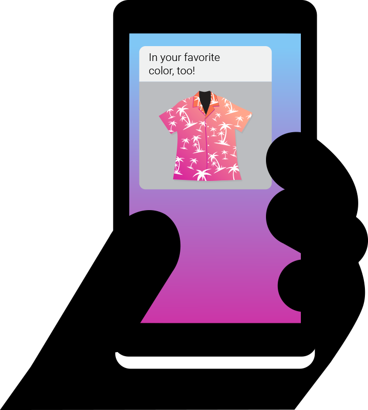 Mobile phone showing text message of a hawaiian shirt offer