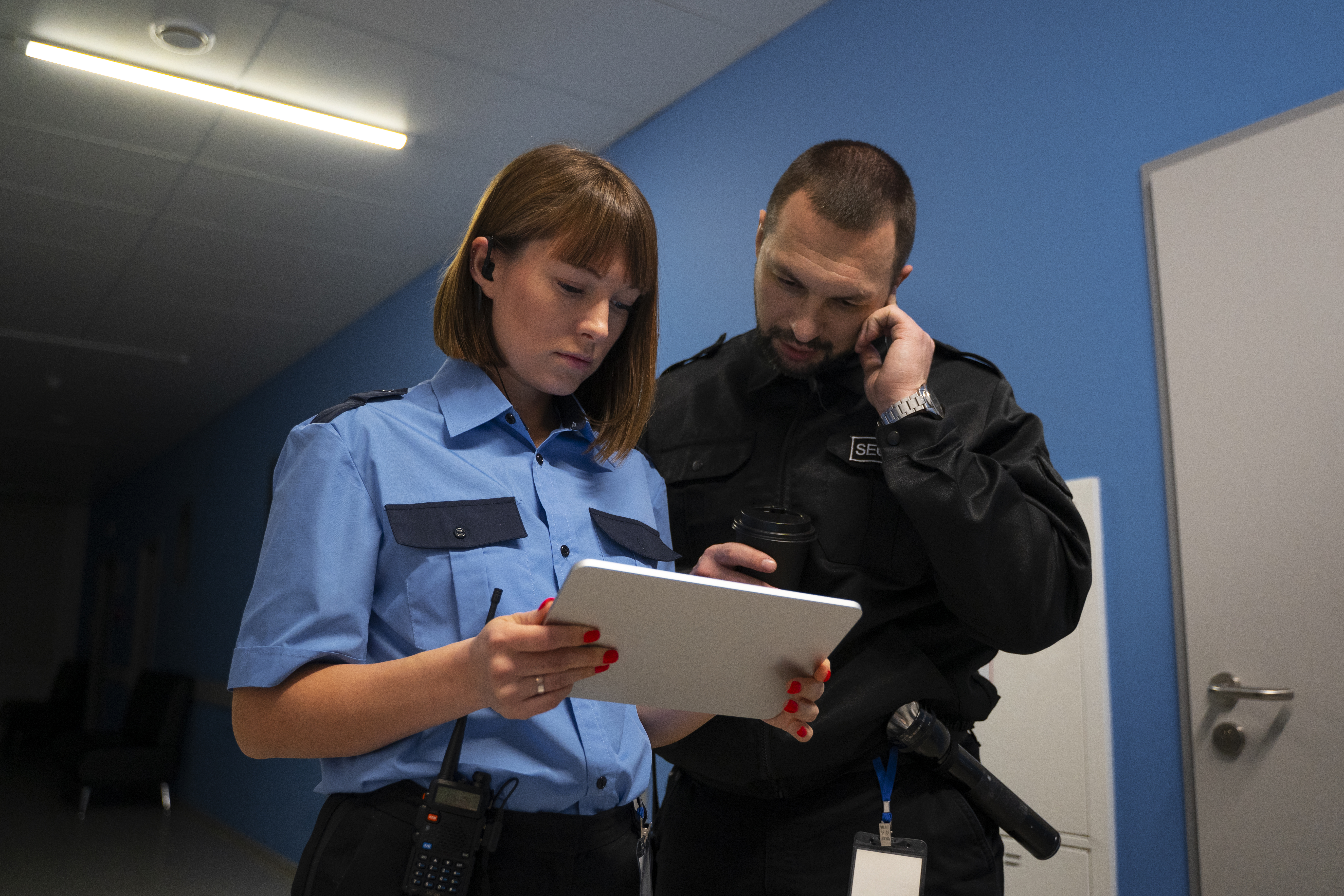 Female Inventory Manager Shows Digital Tablet Information to a Worker Holding Cardboard Box, They Talk and Do Work. In the Background Stock of Parcels with Products Ready for Shipment.